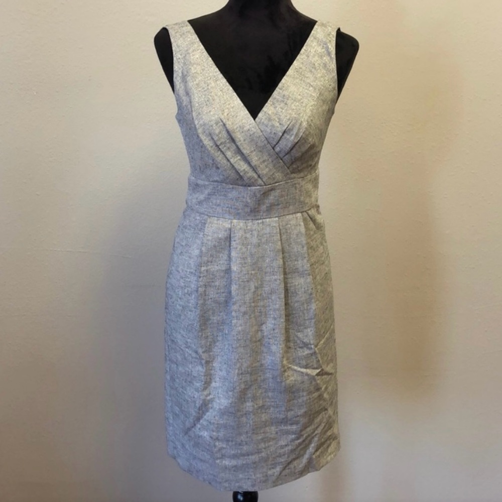 LOFT Metallic Linen Dress Women’s Size 6 Gray with Pockets and V-Neck